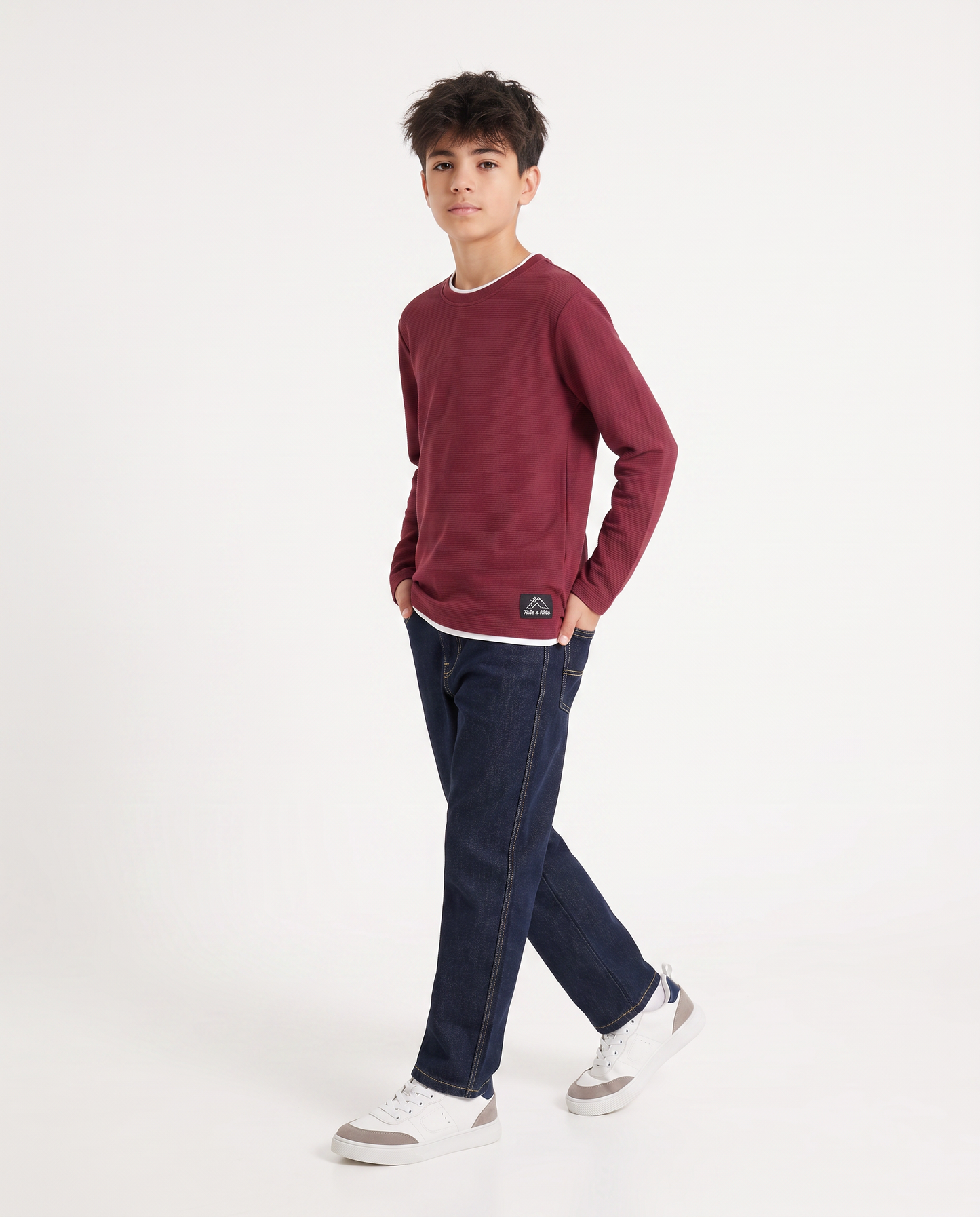 T-shirt girocollo minimal in cotone waffle - Bordeaux