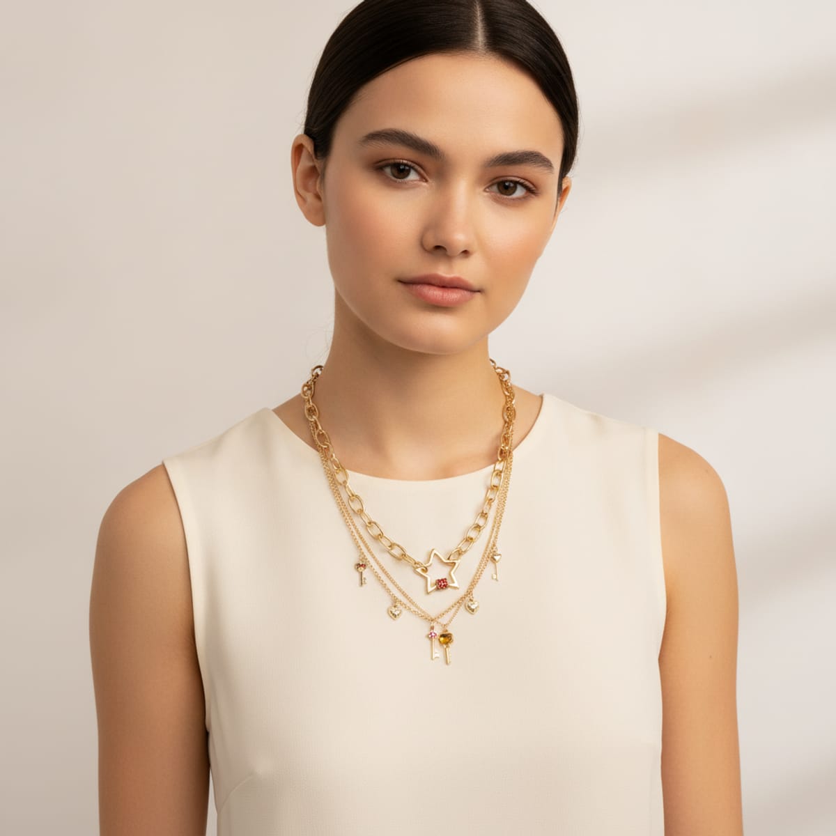 Collana 3 fili con stelle e chiavi - Oro