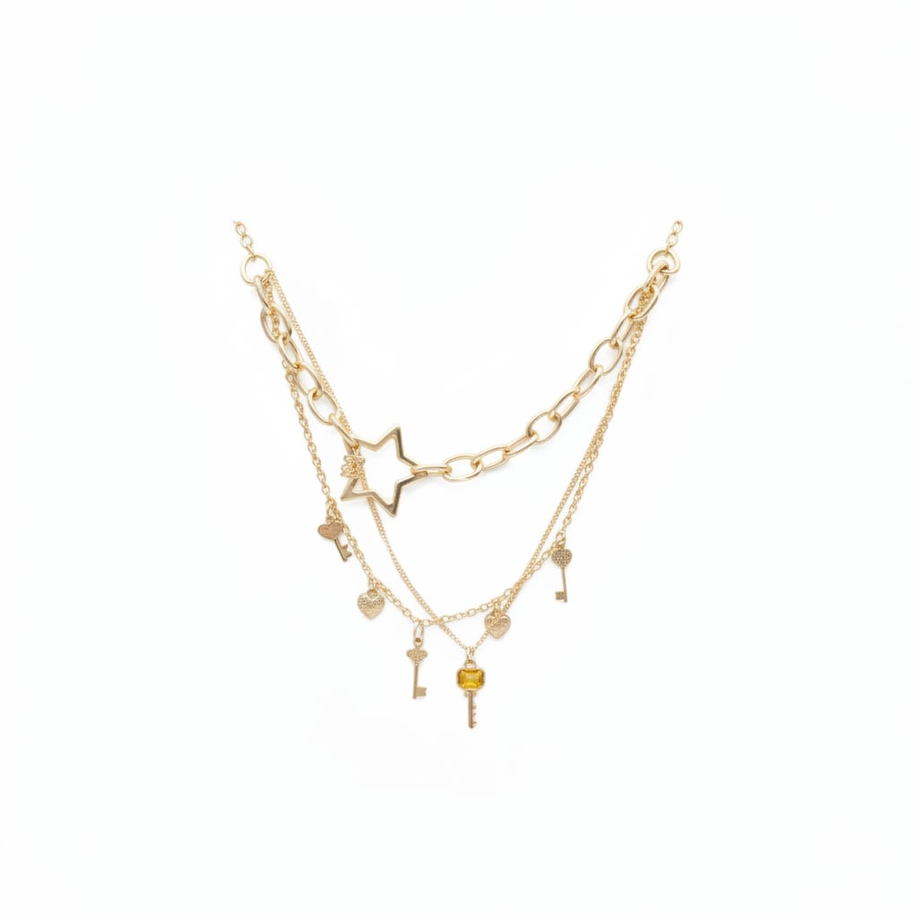 Collana 3 fili con stelle e chiavi - Oro