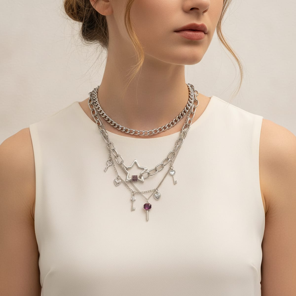 Collana 3 fili con stelle e chiavi - Argento