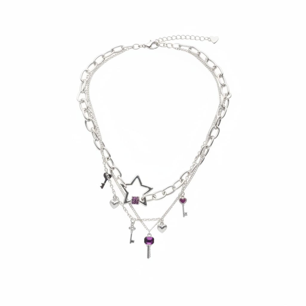 Three-strand necklace with stars and keys - Silver