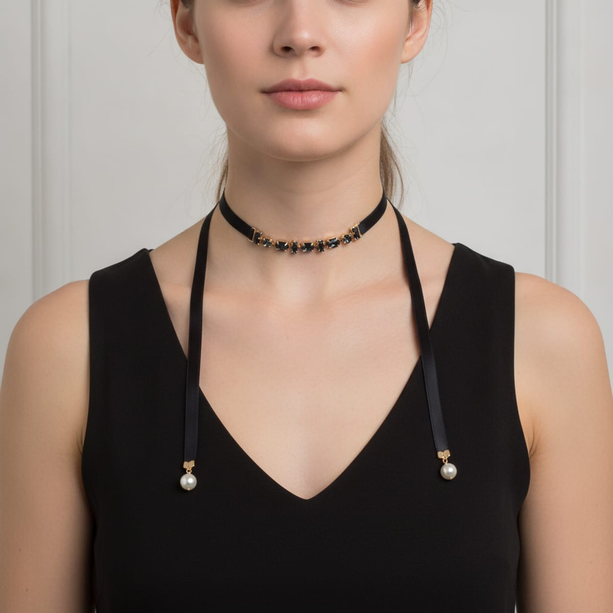 Velvet and Pearl Adjustable Necklace - Black