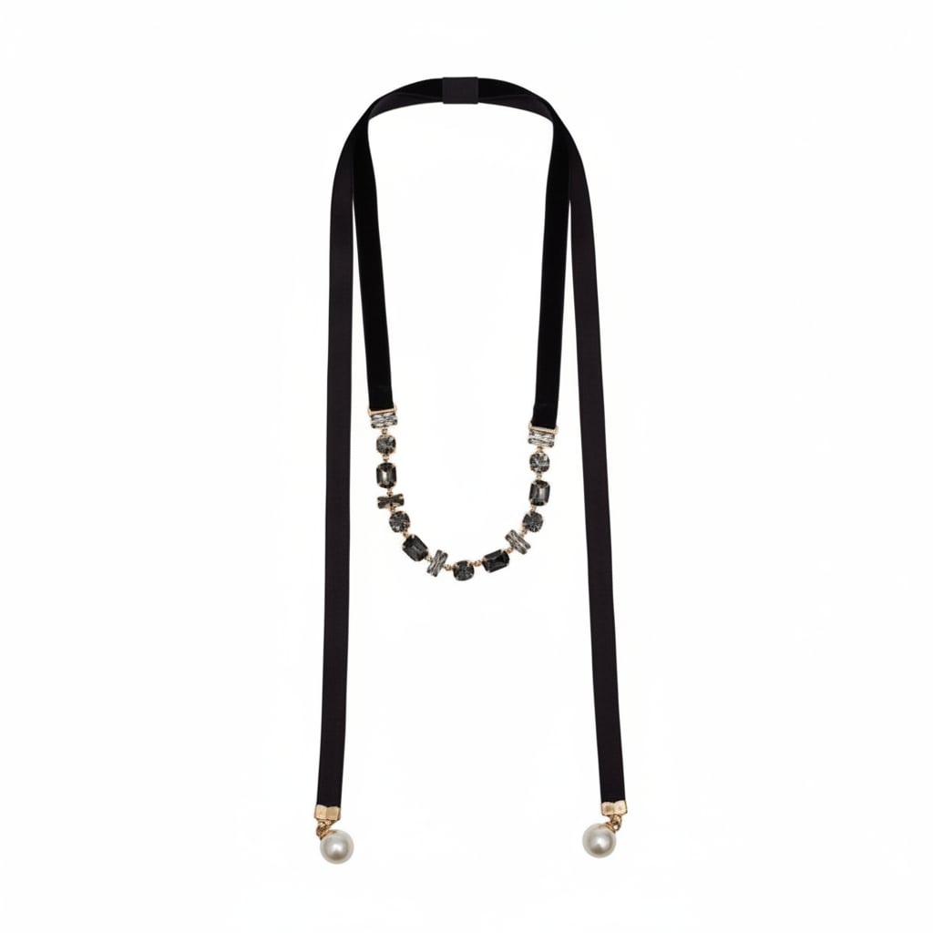 Velvet and Pearl Adjustable Necklace - Black