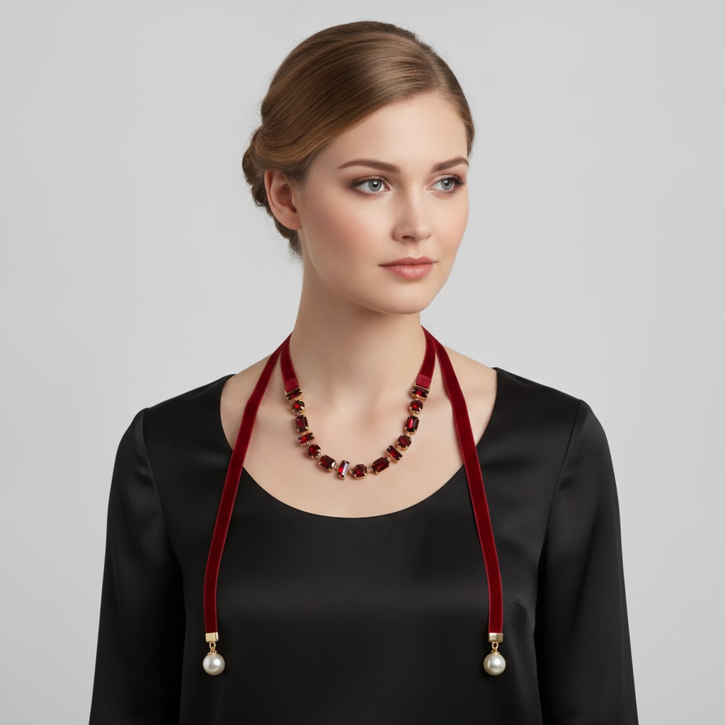 Velvet and Pearl Adjustable Necklace - Red