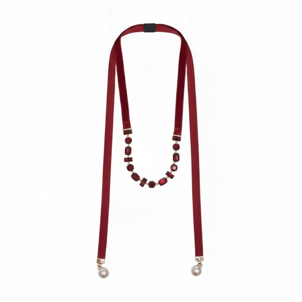 Collana saliscendi in velluto e perle - Bordeaux
