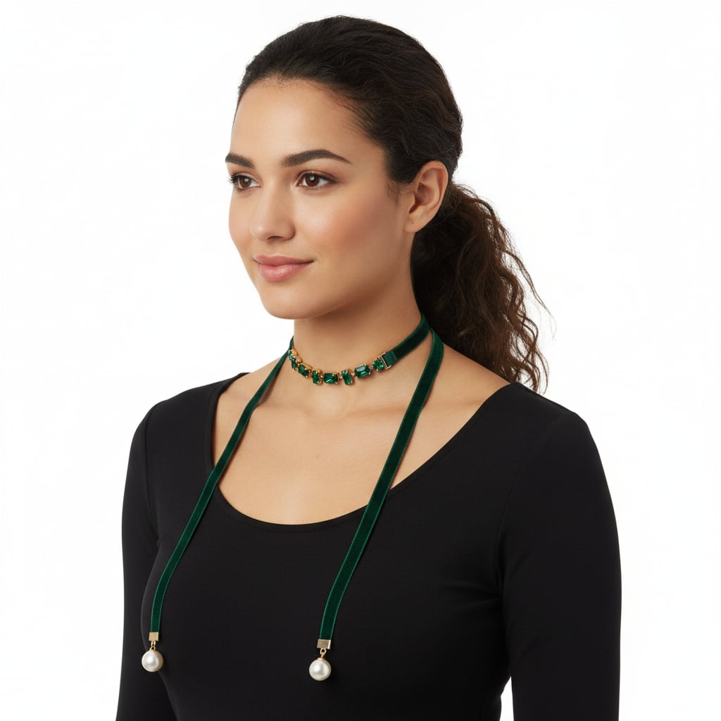 Velvet and Pearl Adjustable Necklace - Green