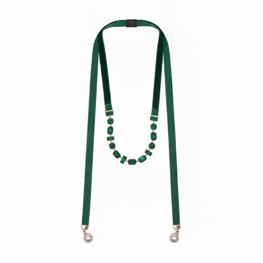 Velvet and Pearl Adjustable Necklace - Green