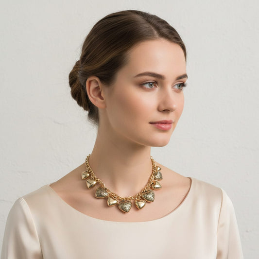 Collana con cuori intarsiati e lisci - Oro