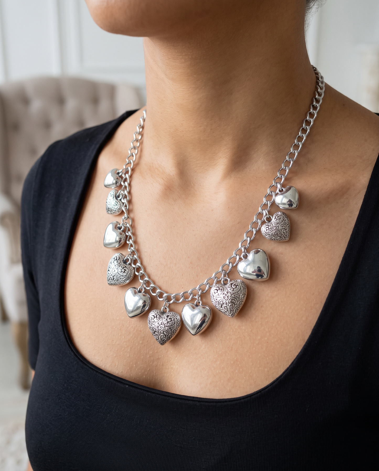 Collana con cuori intarsiati e lisci - Argento