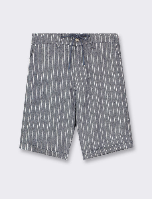 Linen Blend Adjustable Waist Bermuda Shorts with Striped Print - Blue