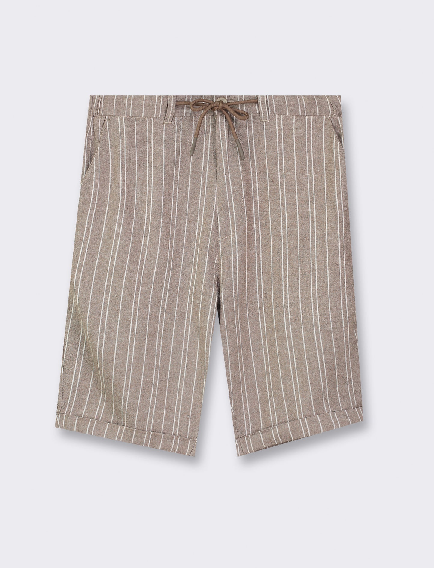 Linen Blend Adjustable Waist Bermuda Shorts with Striped Print - Grey