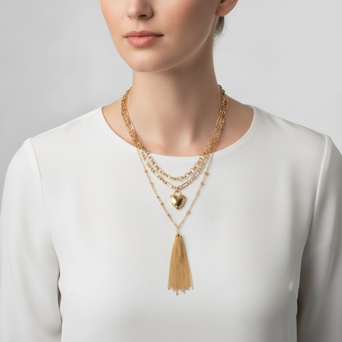 3-piece necklace: large heart and tassel - Gold