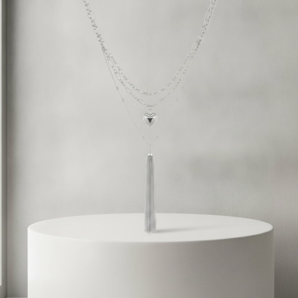 Collana 3 pezzi: cuore grande e nappa - Argento