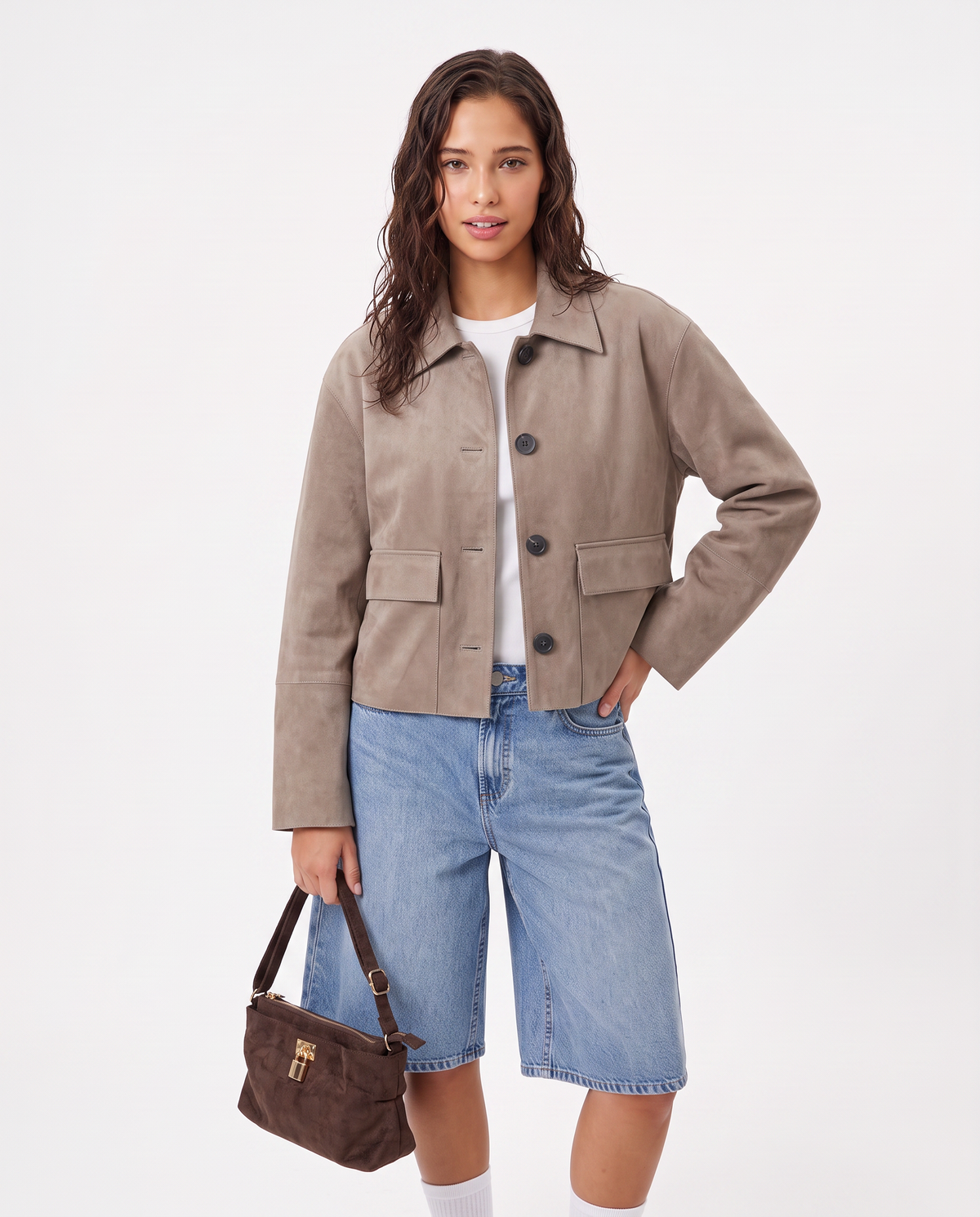Giacca in suede con colletto e tasche - Beige grano