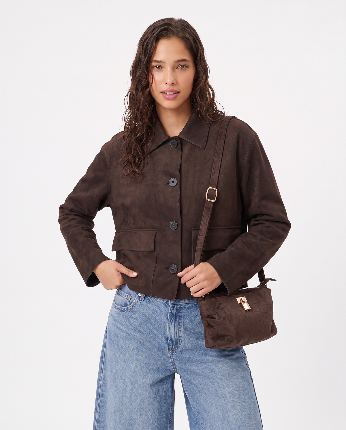 Giacca in suede con colletto e tasche - Moro
