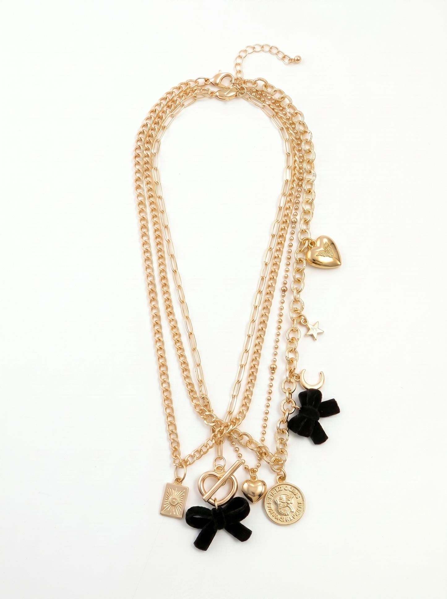 Three-Strand Necklace with Velvet Bows - Black