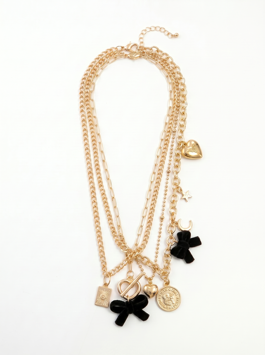 Collana 3 Fili con Fiocchi in Velluto - Nero