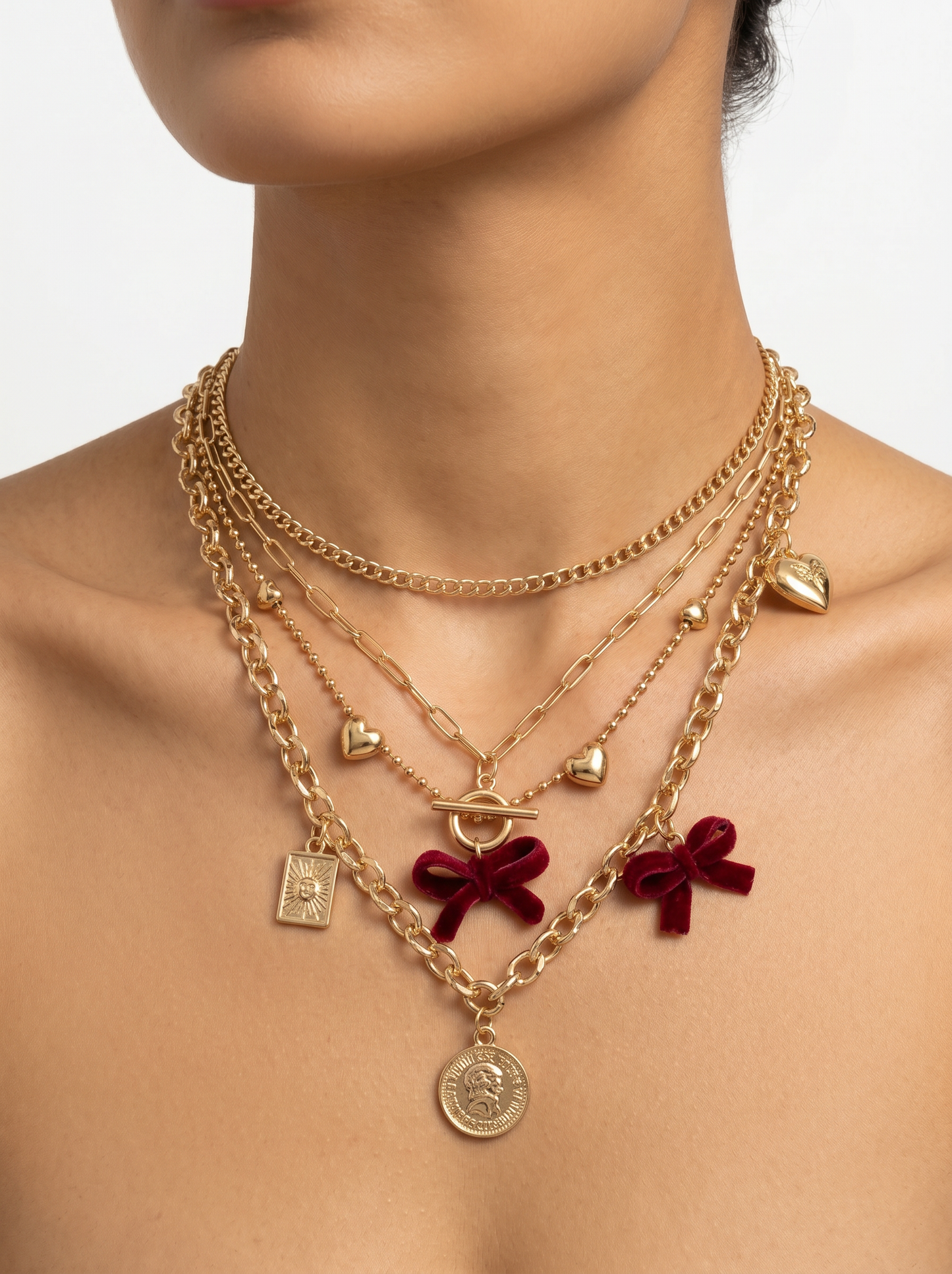 Collana 3 Fili con Fiocchi in Velluto - Bordeaux