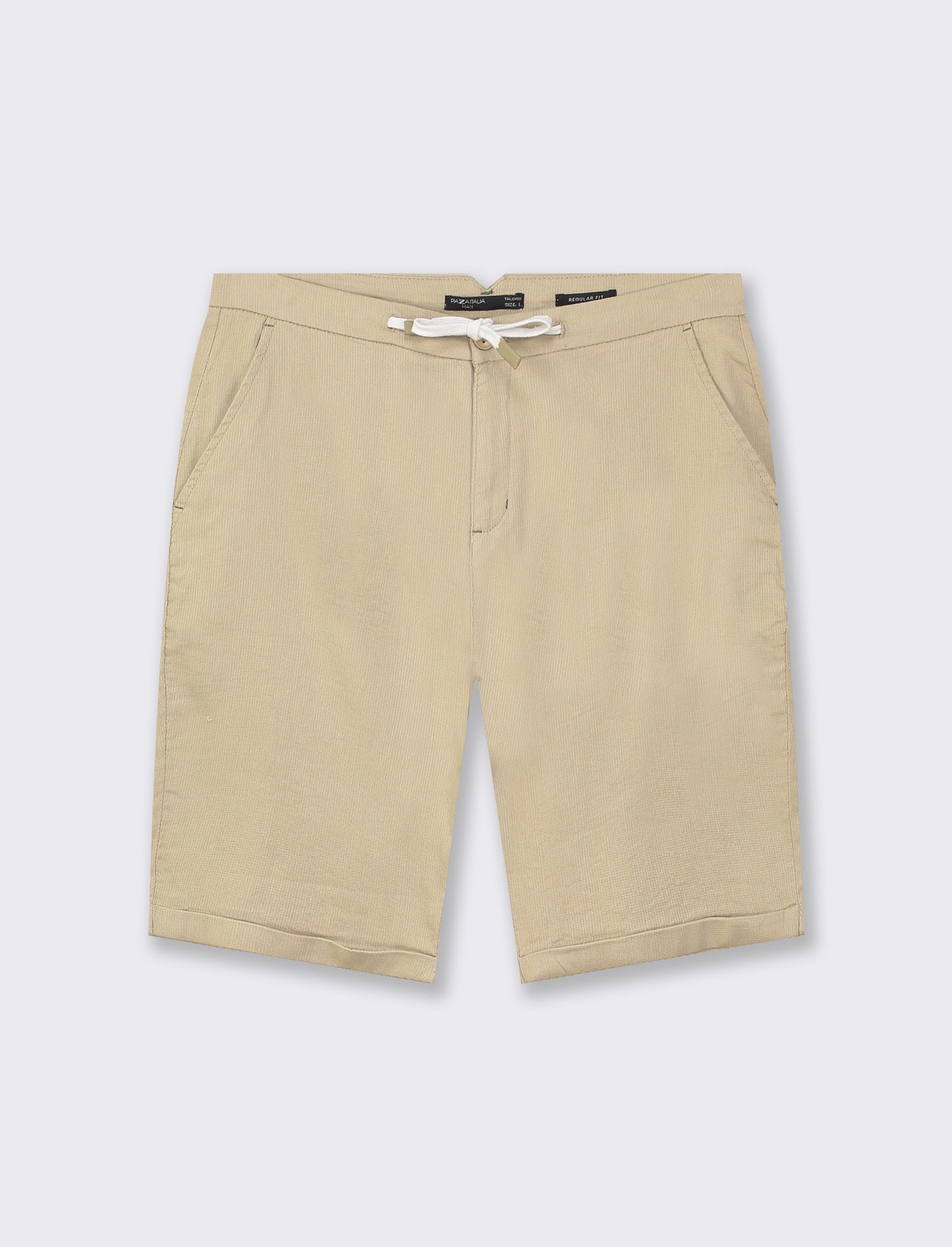 Adjustable Waist Bermuda Shorts in Structured Cotton Fabric with Front and Back Pockets - Beige