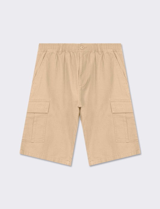 Structured Cotton Cargo Bermuda Shorts with Side Pockets and Zip/Button Closure - Beige