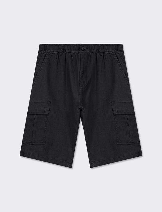 Structured Cotton Cargo Bermuda Shorts with Side Pockets and Zip/Button Closure - Black