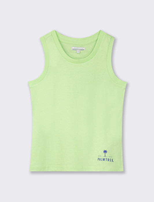 Cotton Basic Tank Top with Mini Print and Ribbed Neckline - Green