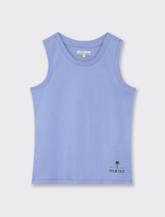 Cotton Basic Tank Top with Mini Print and Ribbed Neckline - Sky blue