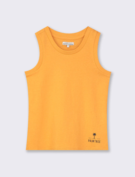 Cotton Basic Tank Top with Mini Print and Ribbed Neckline - Orange