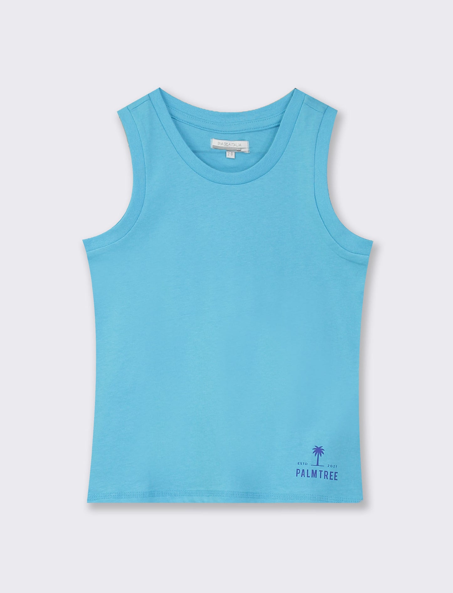 Cotton Basic Tank Top with Mini Print and Ribbed Neckline - Sky blue