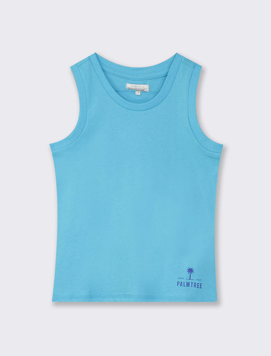 Cotton Basic Tank Top with Mini Print and Ribbed Neckline - Sky blue