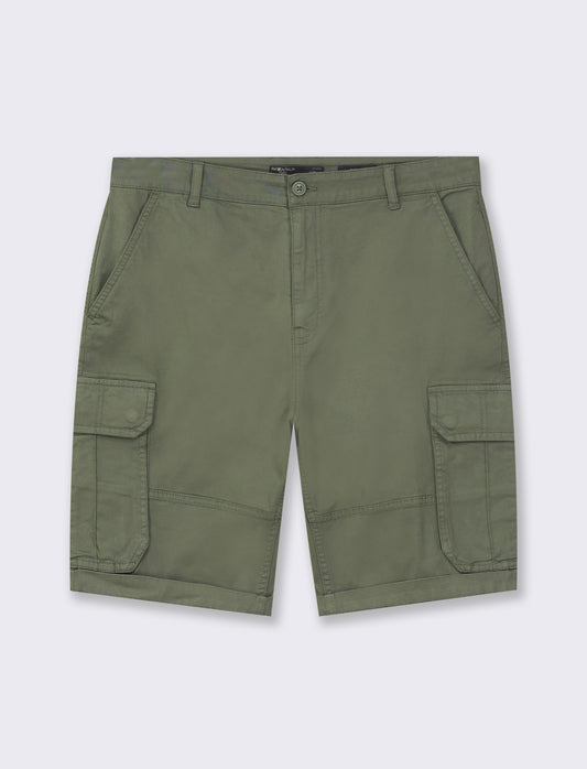 Cotton Stretch Washed Cargo Bermuda Shorts with Side and Back Pockets - Green