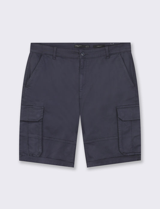 Cotton Stretch Washed Cargo Bermuda Shorts with Side and Back Pockets - Blue