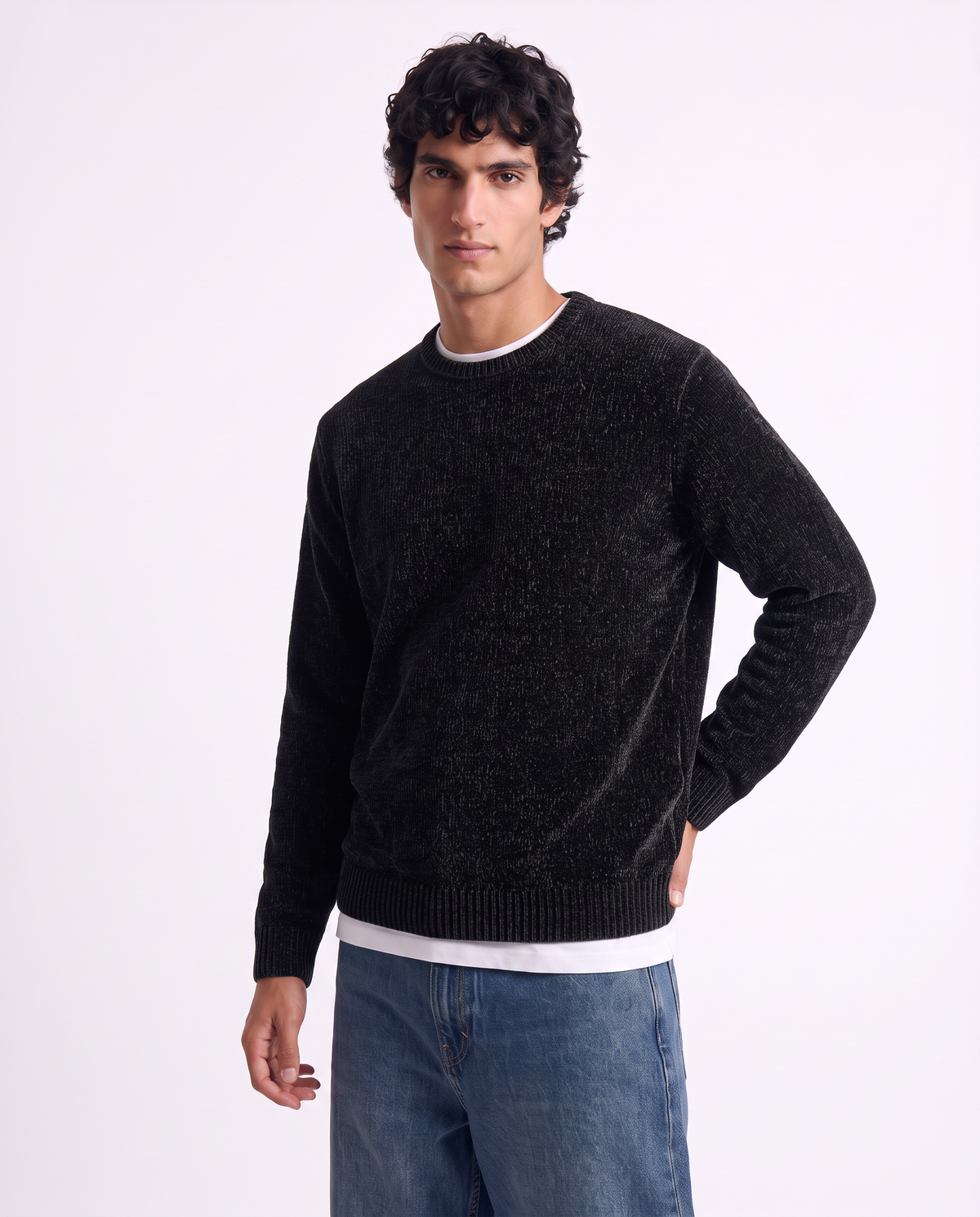 Maglia girocollo in ciniglia regular fit - Nero