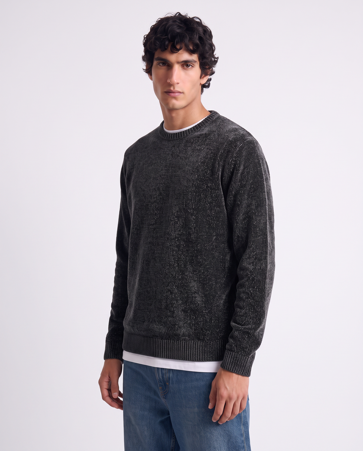 Maglia girocollo in ciniglia regular fit - Nero