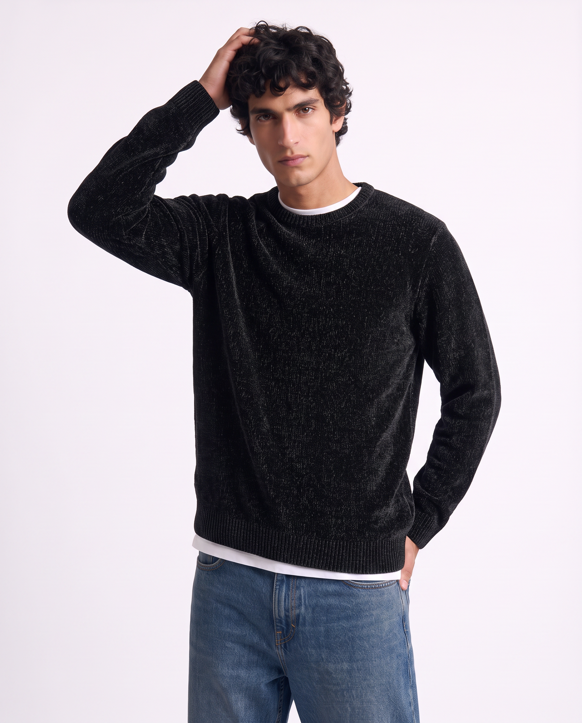 Maglia girocollo in ciniglia regular fit - Nero