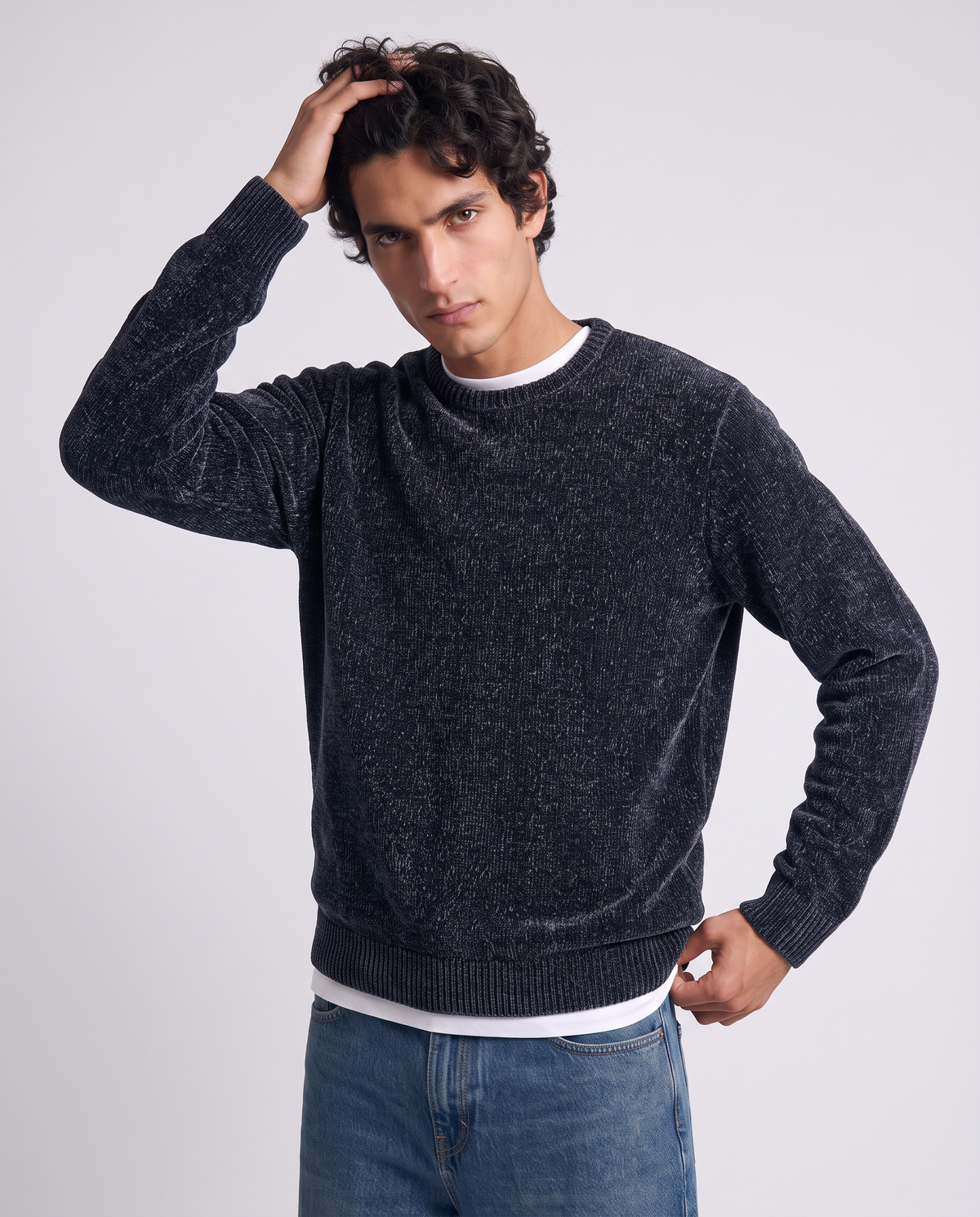 Cropped crew neck velour sweater regular fit - Blue