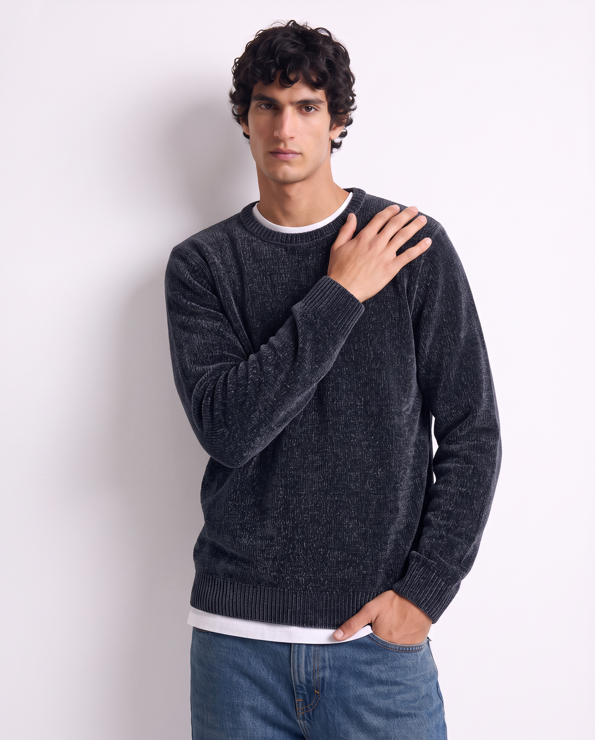 Cropped crew neck velour sweater regular fit - Blue