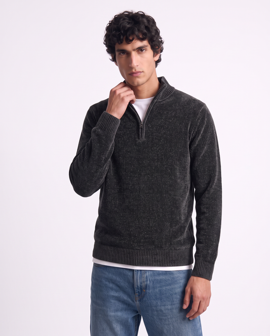 Maglia ciniglia collo alto con cerniera - Nero