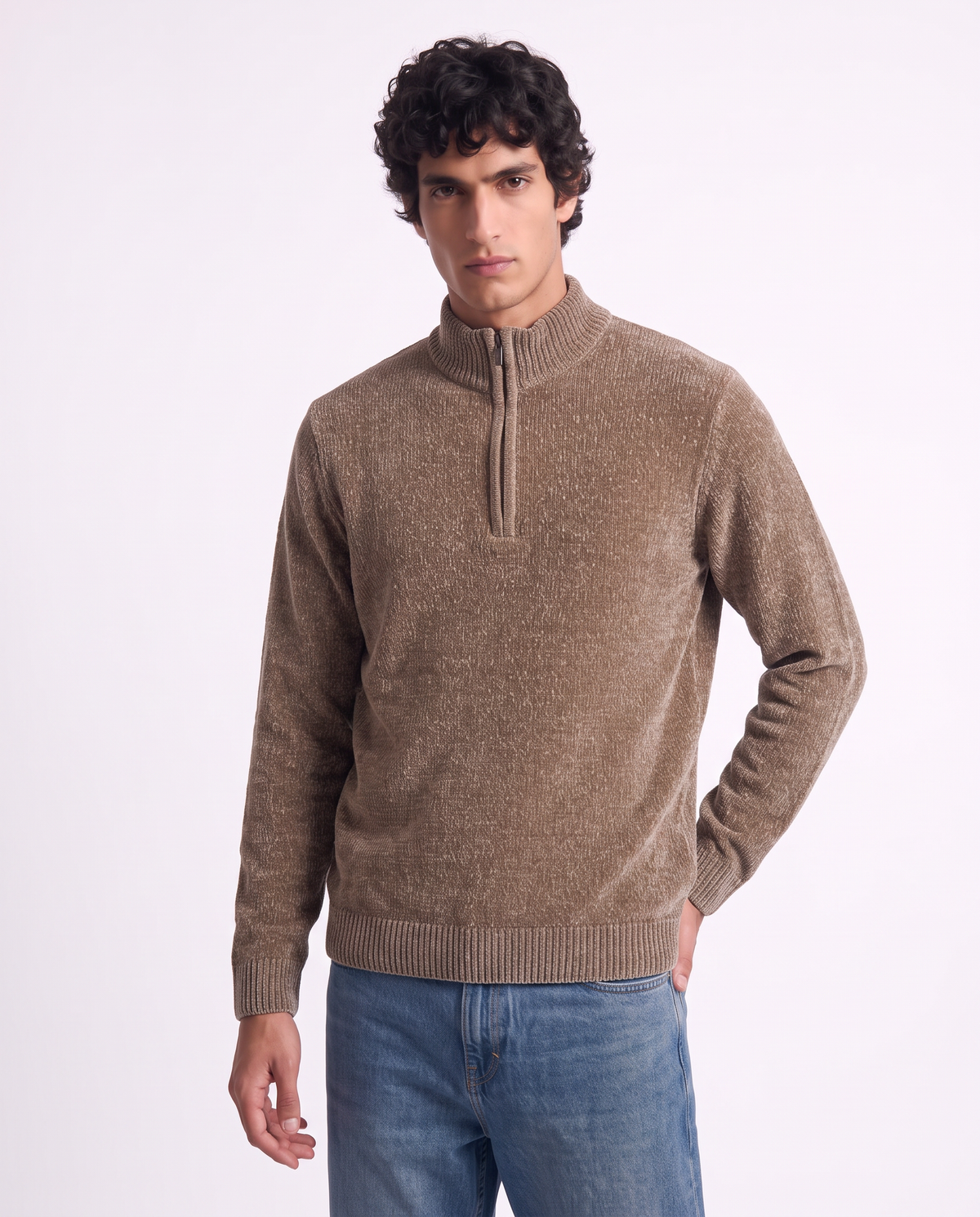 High neck zip-up velour sweater - Grey
