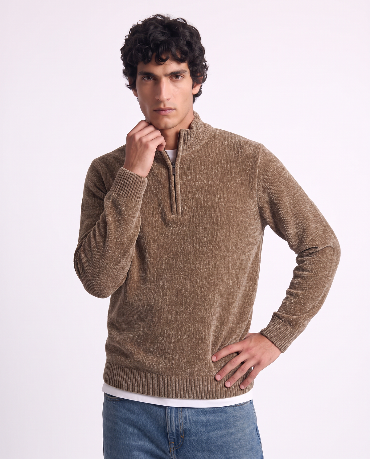 High neck zip-up velour sweater - Grey