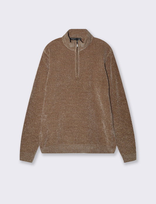 Maglia ciniglia collo alto con cerniera - Grigio fango