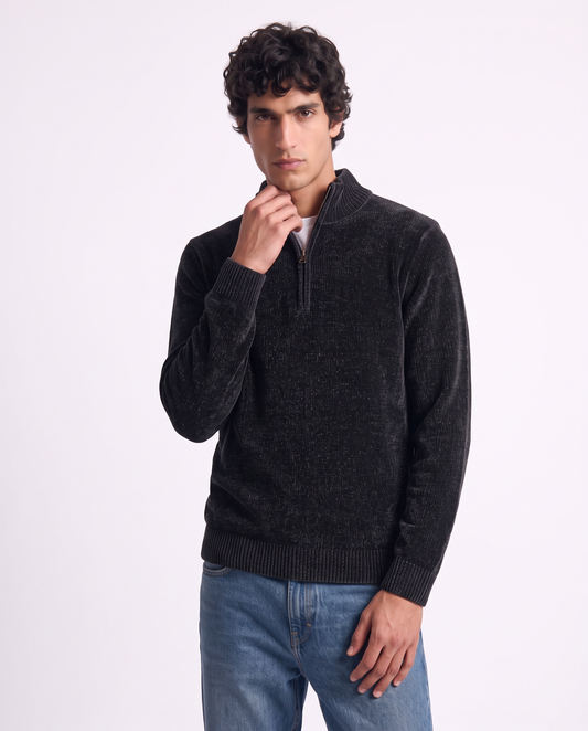 Maglia ciniglia collo alto con cerniera - Blu