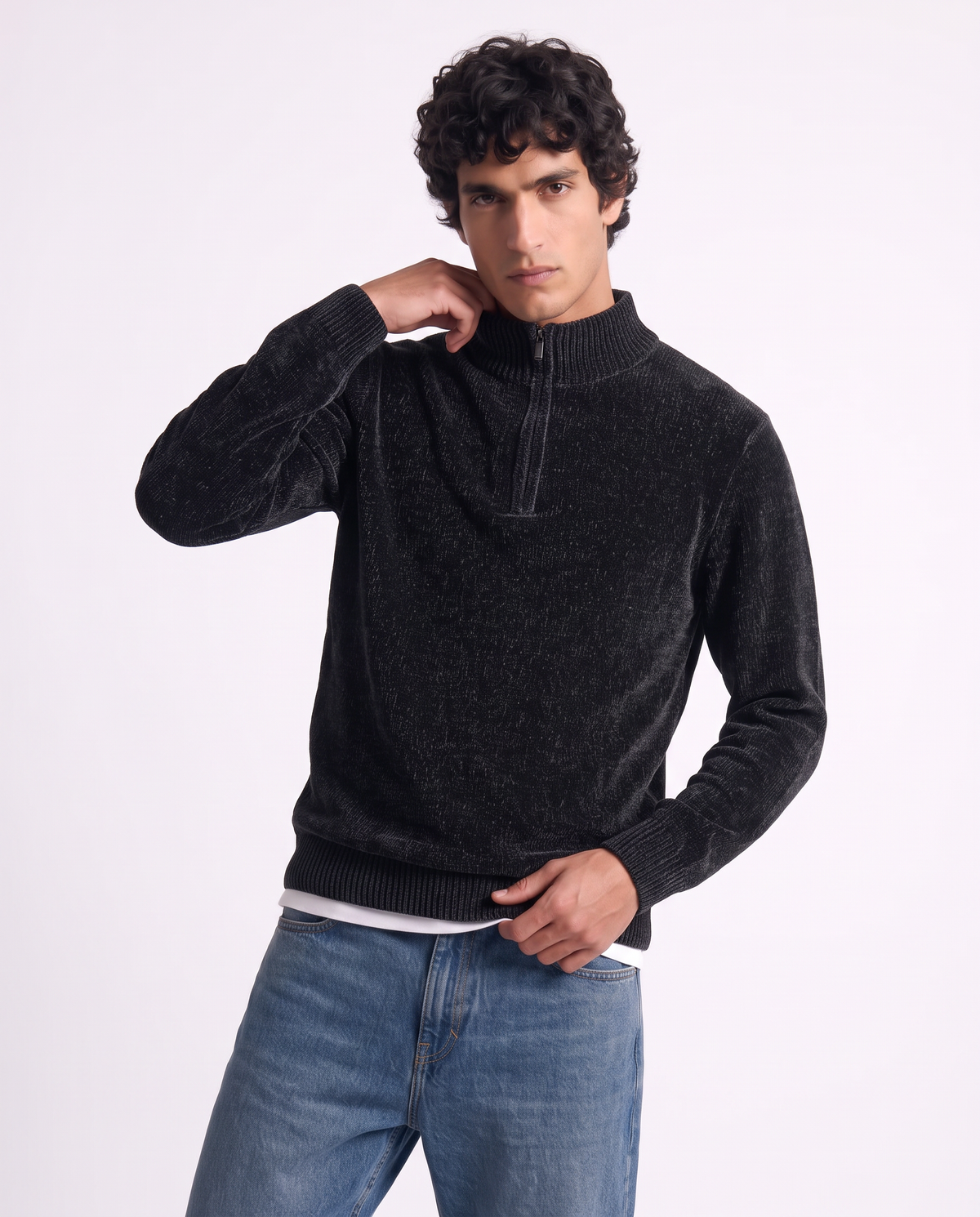 Maglia ciniglia collo alto con cerniera - Blu
