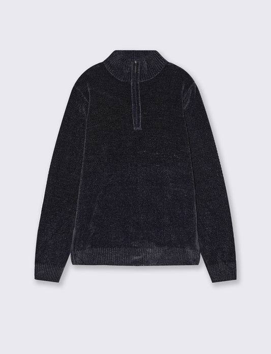 Maglia ciniglia collo alto con cerniera - Blu