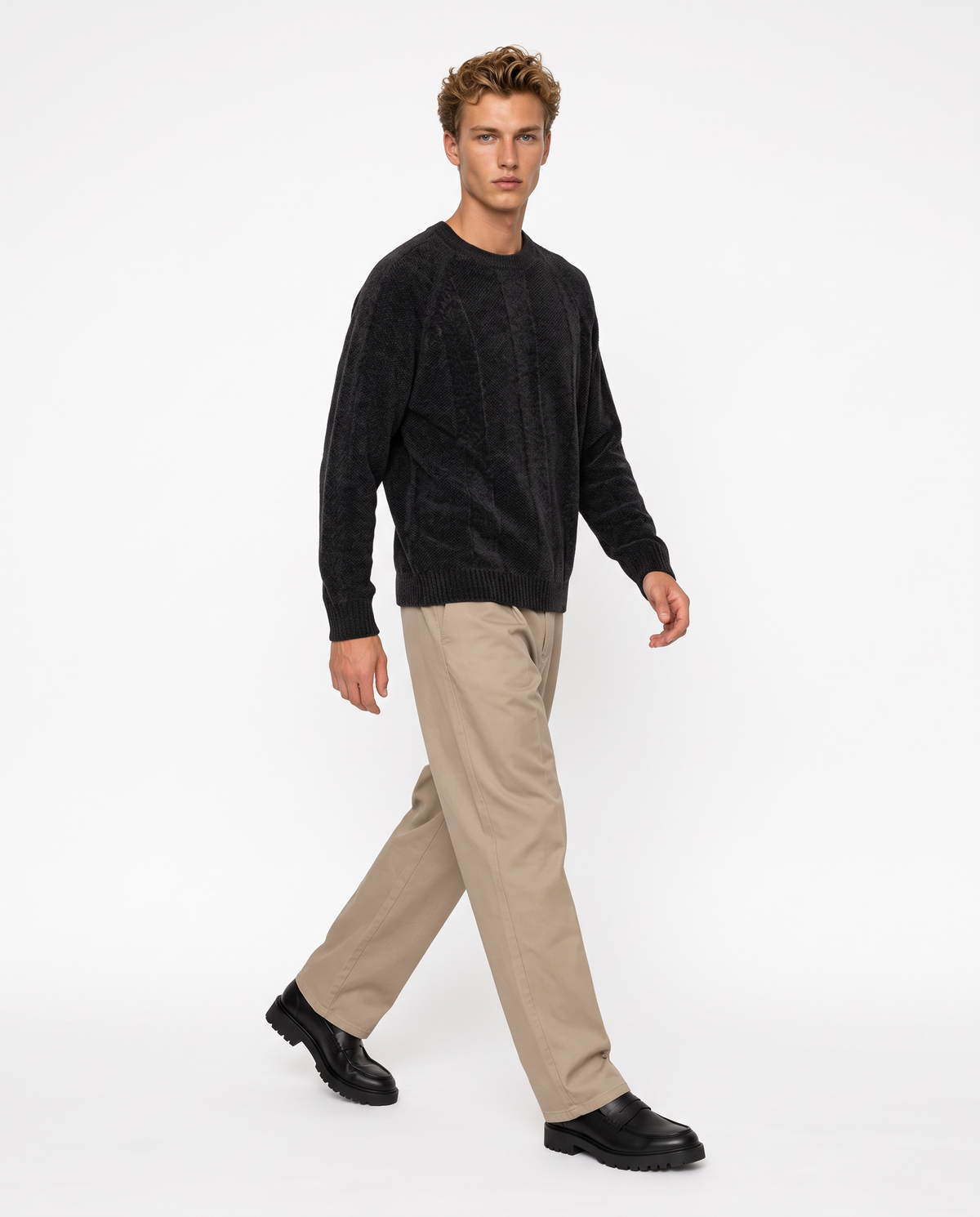 Maglia Jacquard Girocollo in Ciniglia - Nero