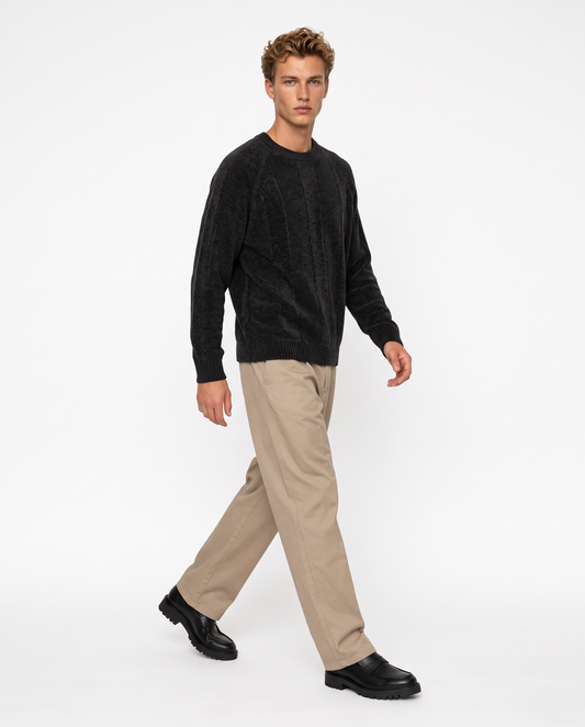 Maglia Jacquard Girocollo in Ciniglia - Nero