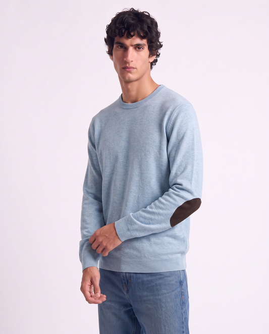 Premium crew neck sweater with elbow patches - Sky blue