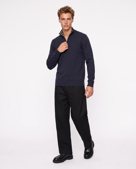 Maglia collo alto con zip e toppe suede - Blu melange