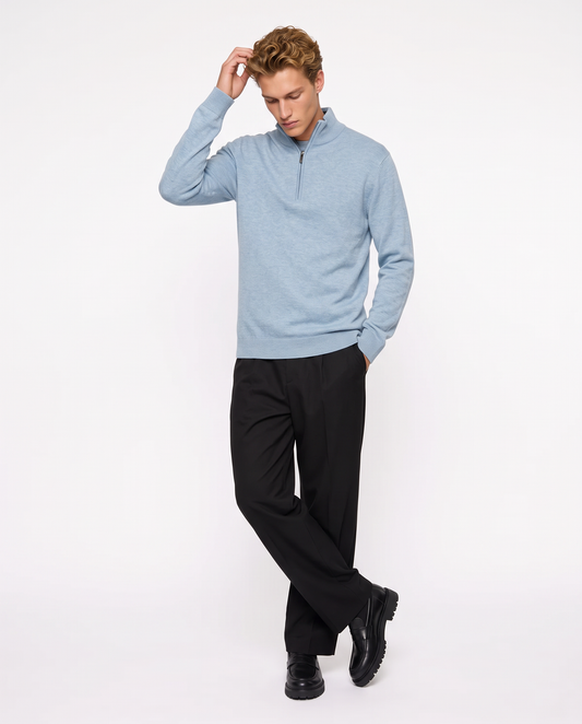 Maglia collo alto con zip e toppe suede - Celeste melange