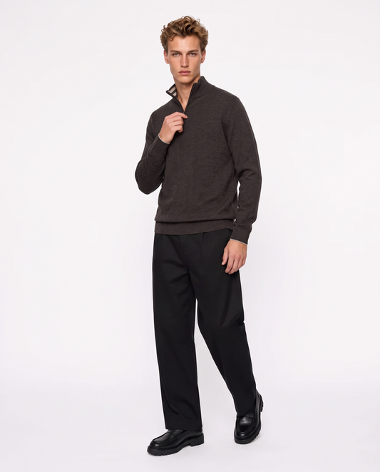High-neck sweater with zip and suede patches - 